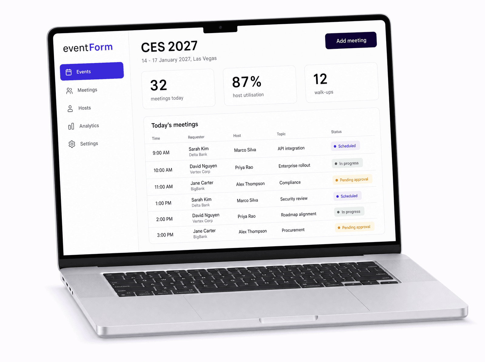 eventForm admin dashboard on a laptop, showing CES 2027 stats, a list of meetings, and status pills