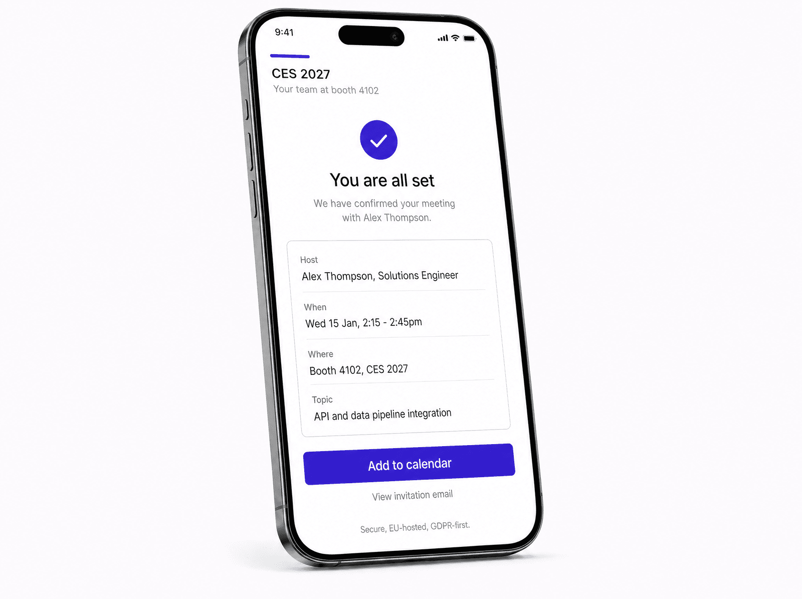 eventForm booking confirmation on a phone, showing meeting time, host, location, and calendar links