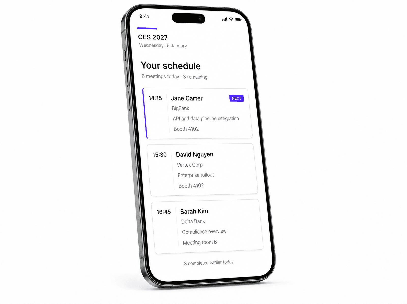 eventForm host schedule on a phone, listing upcoming meetings with times, visitors, and booth locations